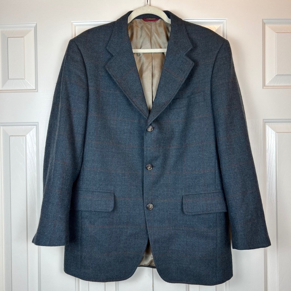 Jos. A. Bank Mens Blue Herringbone Windowpane 100% Pure Wool 3-Button Sport Coat